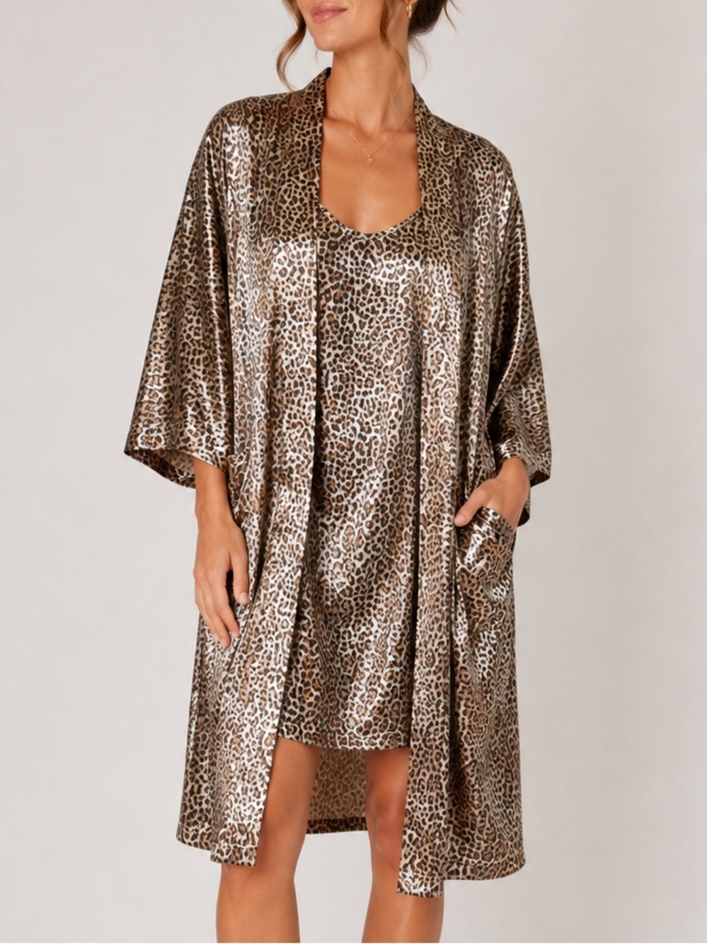 Inner Most leopard print silky peignoir set matching robe and nightgown medium